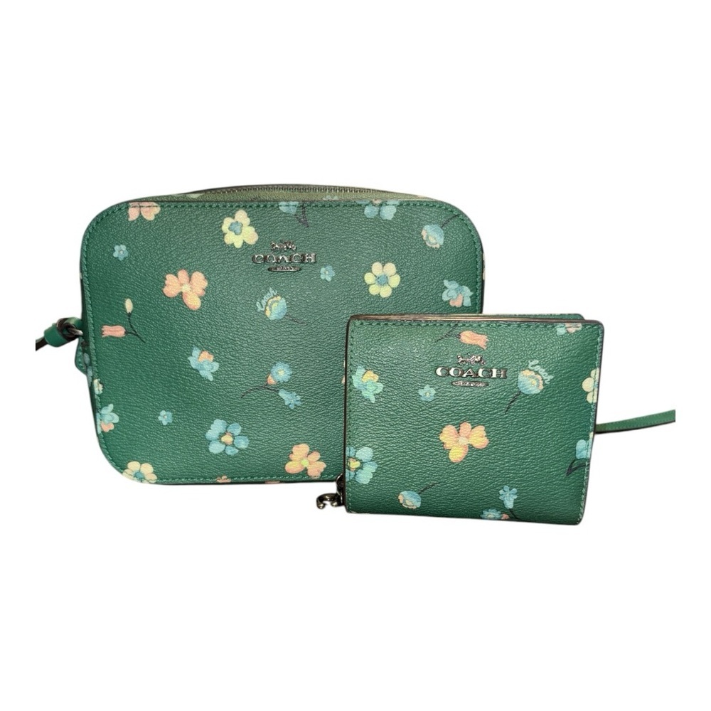 Coach mini camera bag & compact wallet mystical floral print on green. P 14